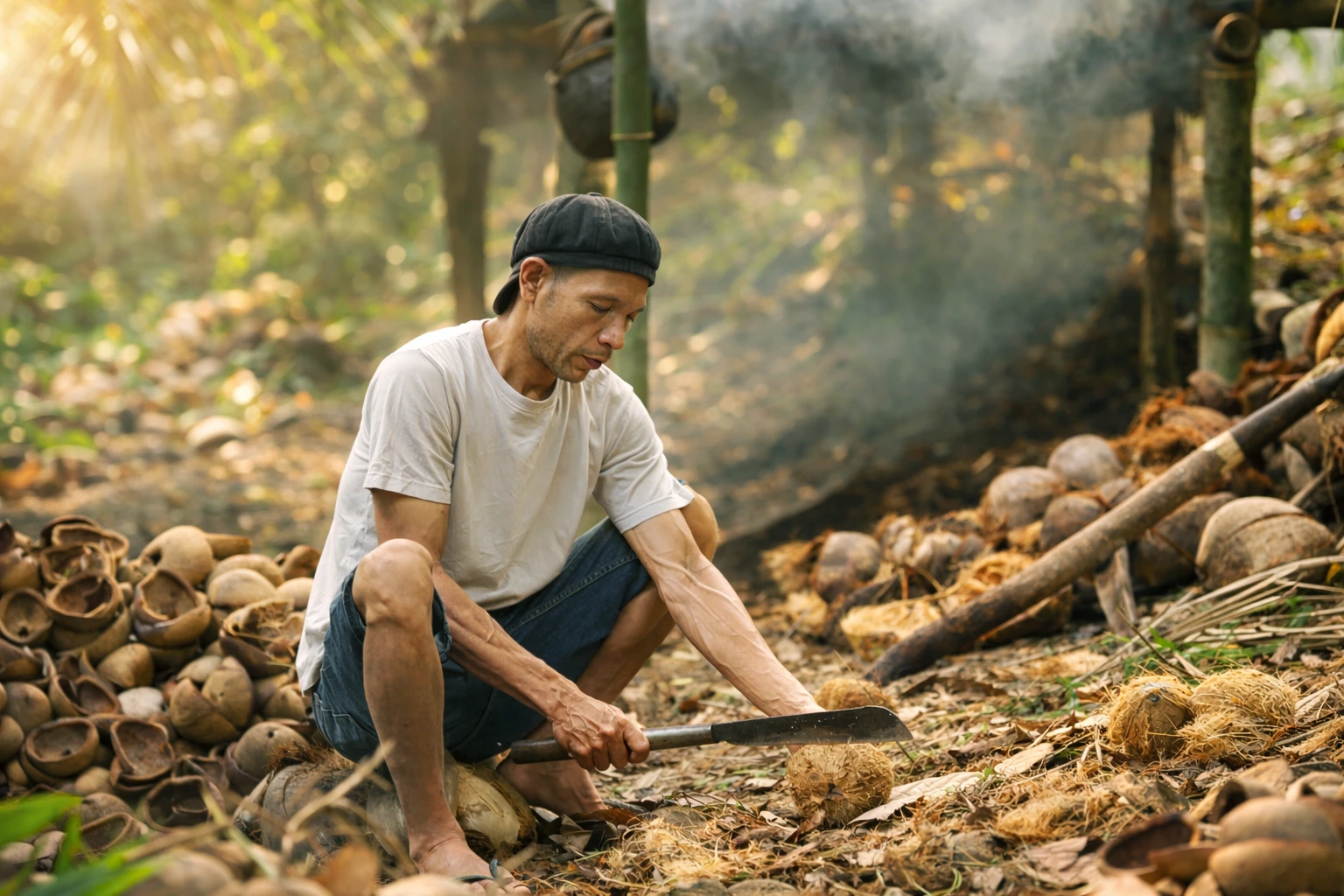 Man working with coconuts